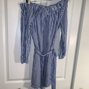 Off the shoulder blue and white dress